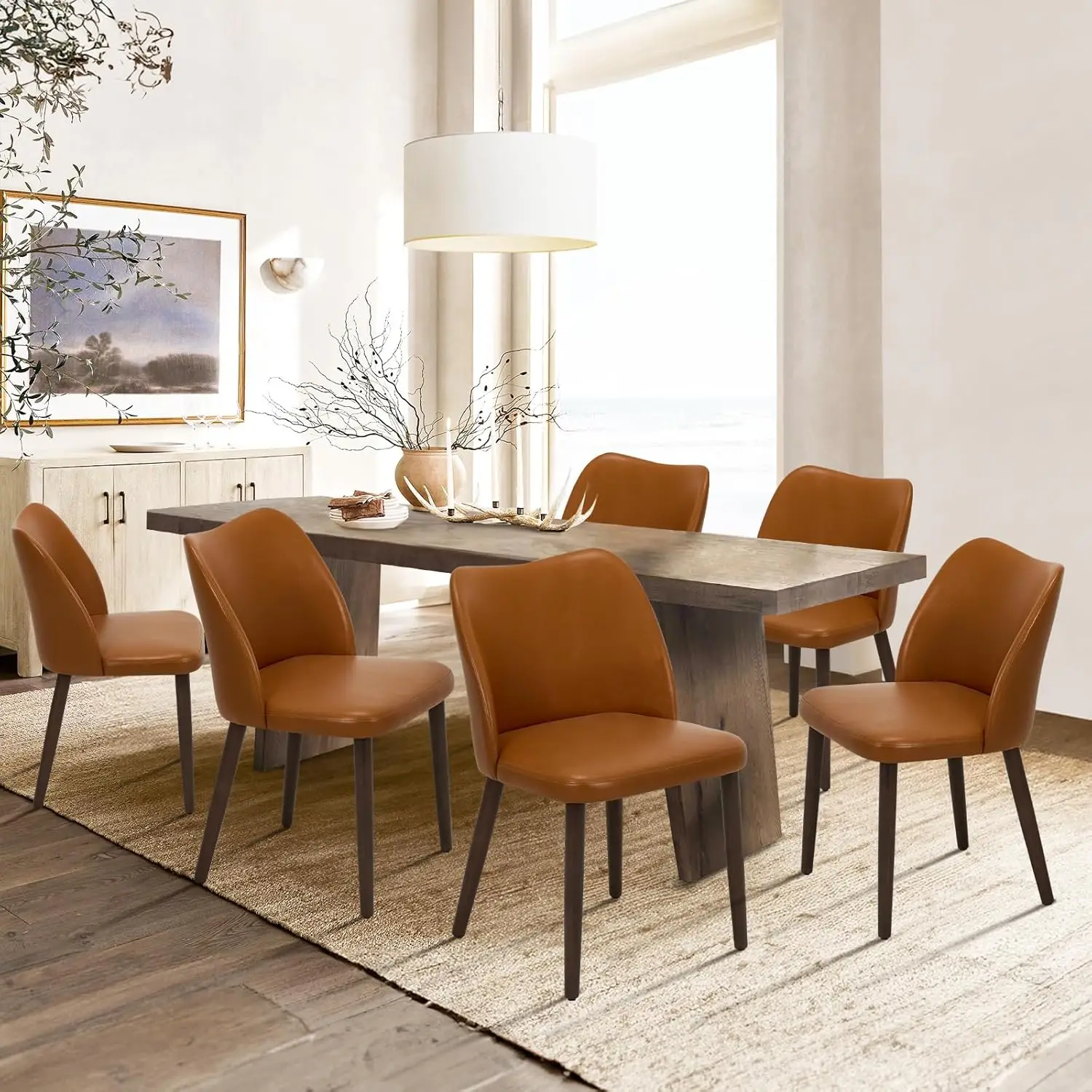 Upholstered Dining Chairs Set of 6 Modern PU Leather Dining Room Kitchen Side Chair Padded Seat and Wood Legs CafeLi ght Brown