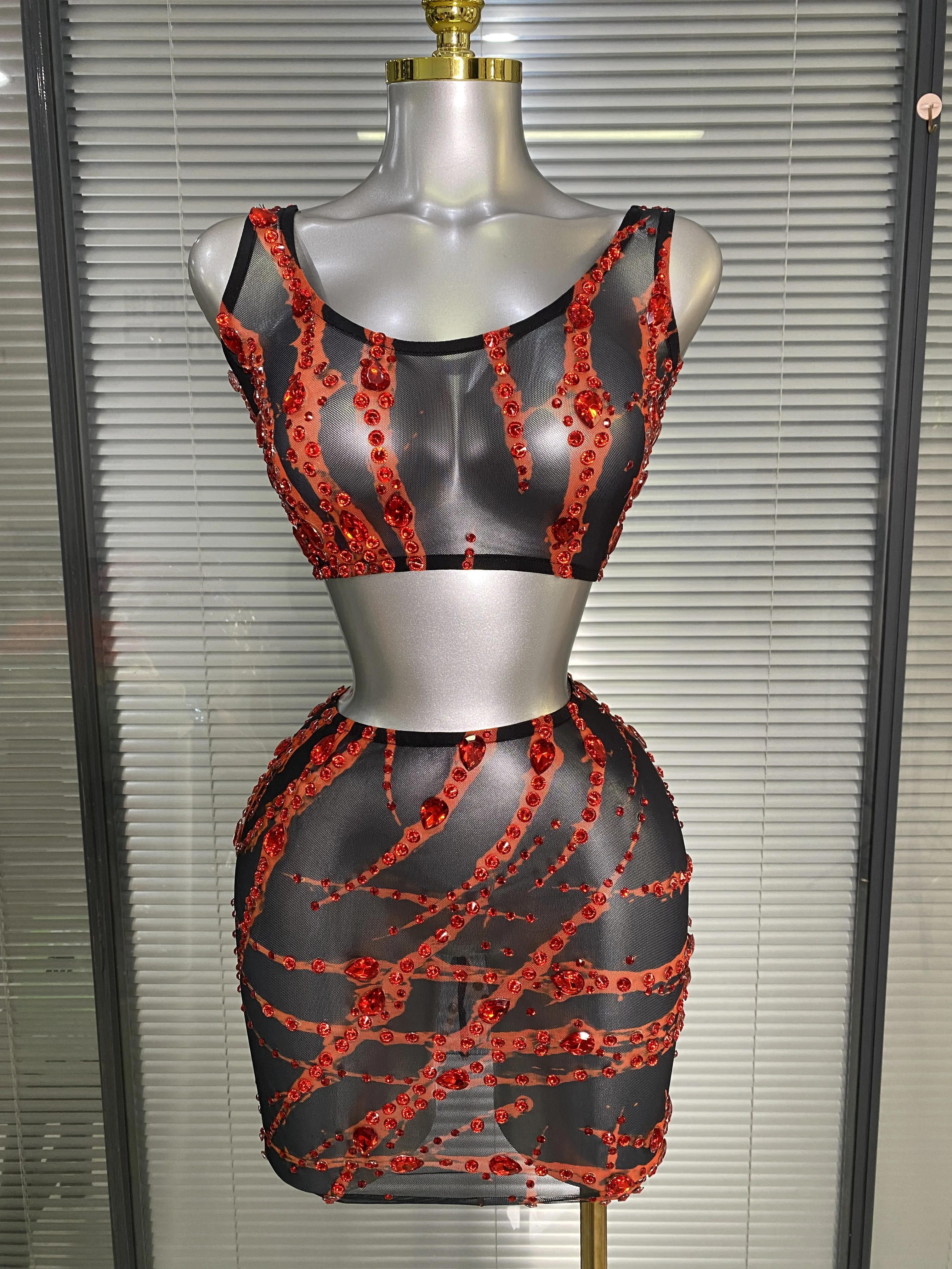 Luxury Women Sexy Sparkly Diamonds Mesh See Through Two Pieces Set Mini Birthday Dress Party Nightclub Performance Costume