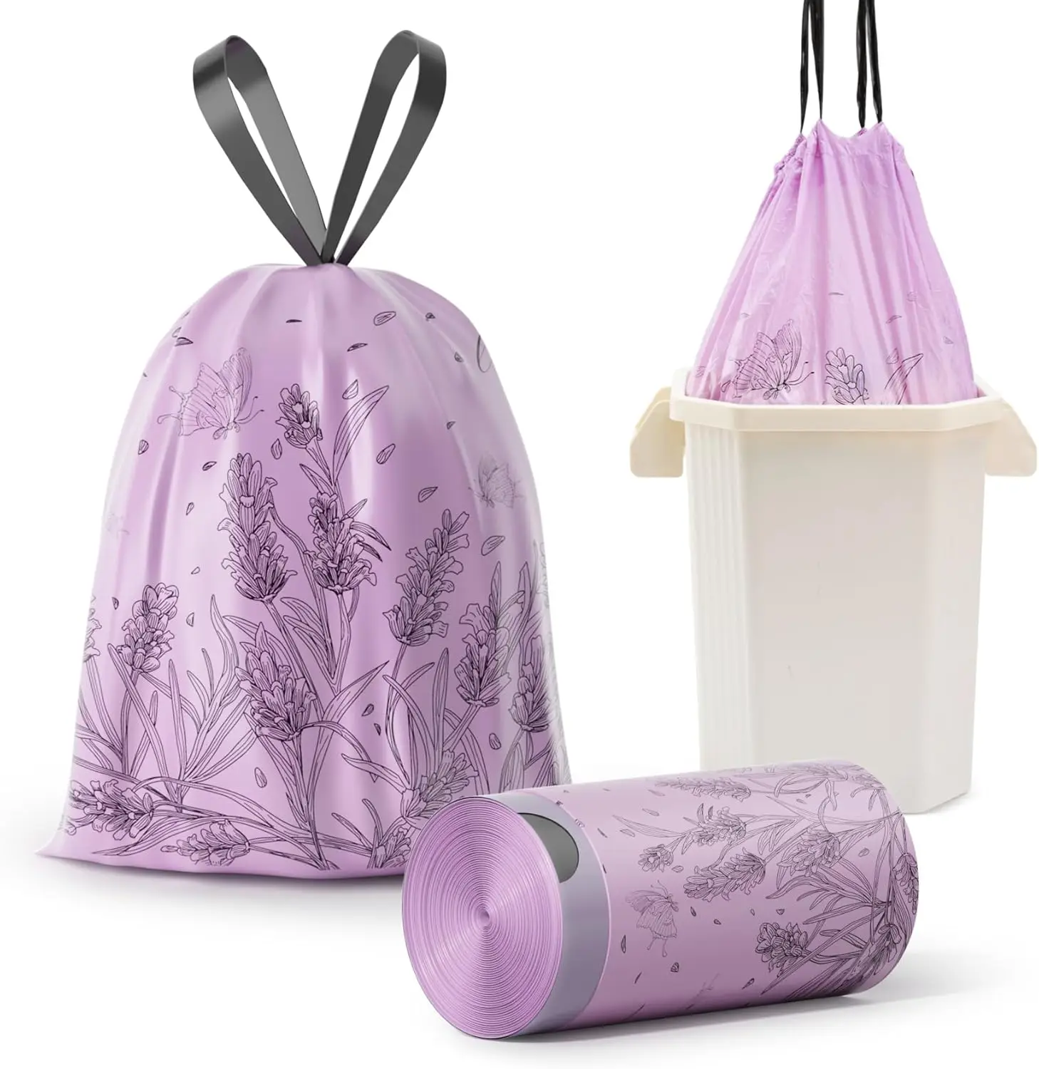

4 Gallon Drawstring Trash Bags, Colorful Lavender Print, Tear-Resistant for Bathroom Office, 50 Count