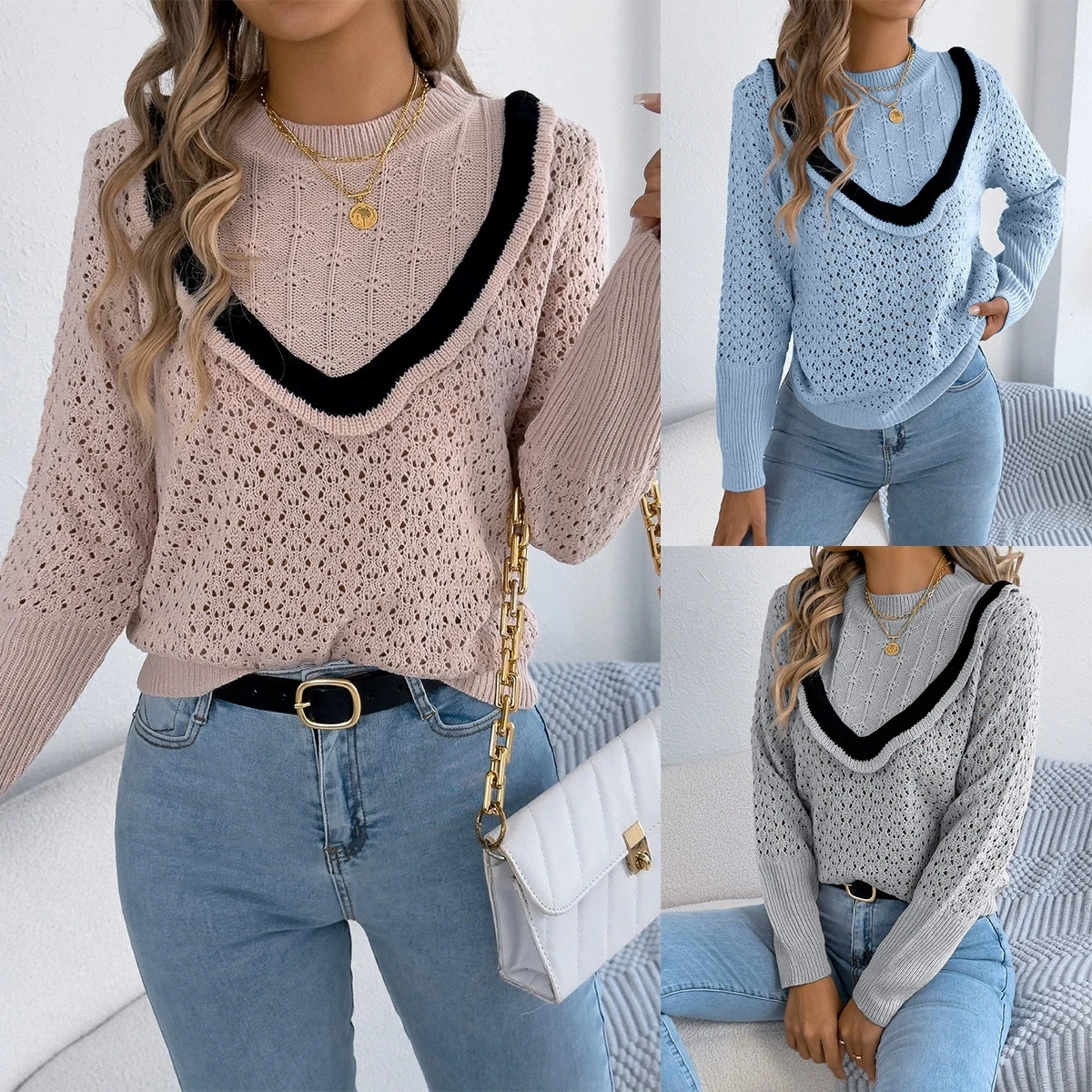 

Autumn and winter elegant and fashionable European and American black fungus edge long sleeved pullover sweater