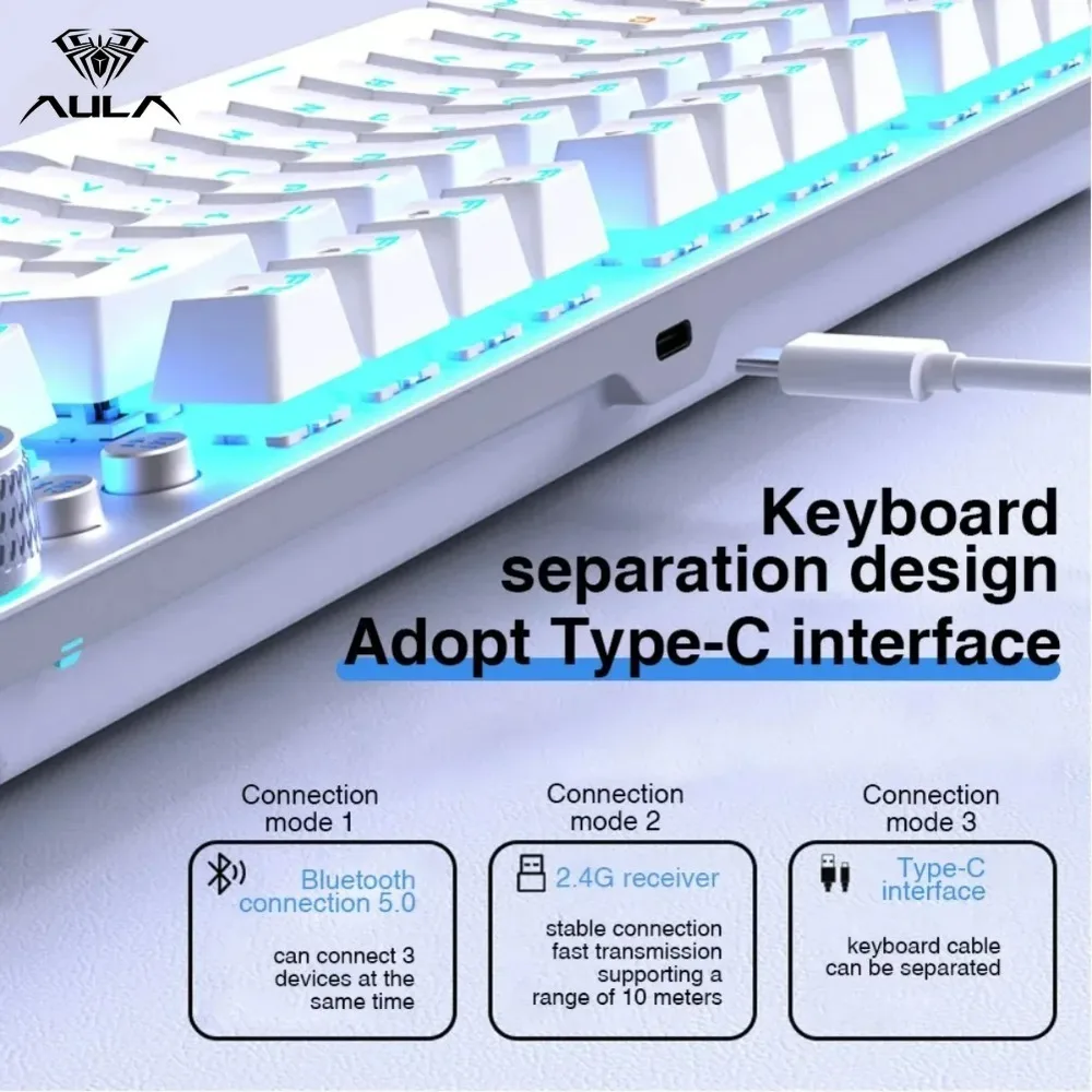Aula F3001 Mechanical Gaming Keyboard Controller with Wireless Bluetooth/Wired 87 Key RGB Gasket Structure for Gaming Accessorie