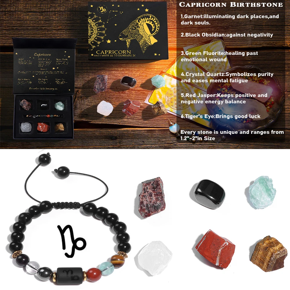 

Capricorn Charm Bracelet With 6 Raw Stones Jewelry Gift Box Garnet Hematite Crystal Quartzs Braided Bracelets For Women Men