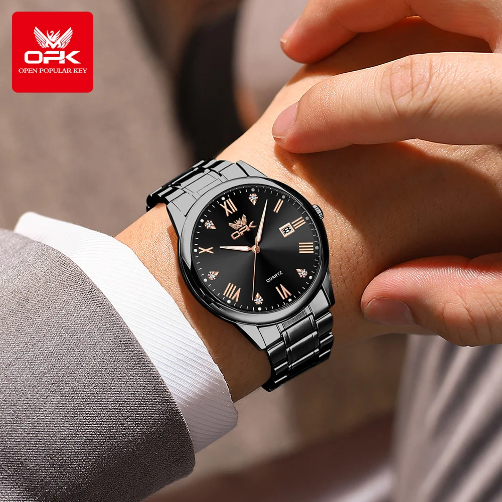 OPK 브랜드 남성용 시계 로마 디지털 캘린더 쿼츠 방수 발광 스테인레스 스틸 스트랩 6025