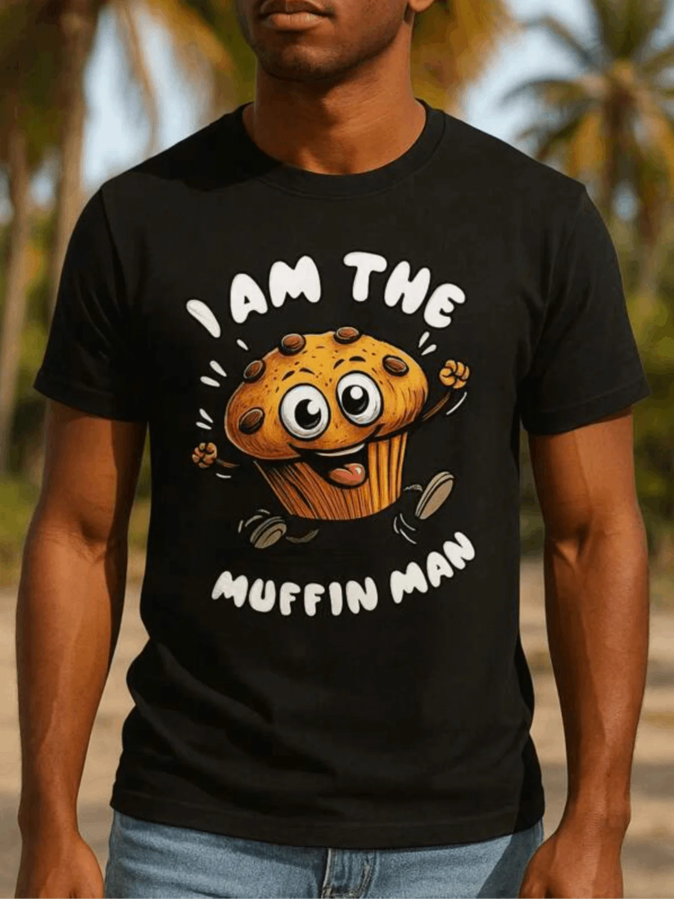 Camiseta divertida con diseño de Muffin Man para hombre - Camiseta negra con un divertido personaje de Muffin con expresión feliz, ojos grandes y chispas de chocolate |   Perfecto para Salidas Informales, Días de Playa y Regalos Únicos para Amantes de la Comida |   Destaca con estilo con esto