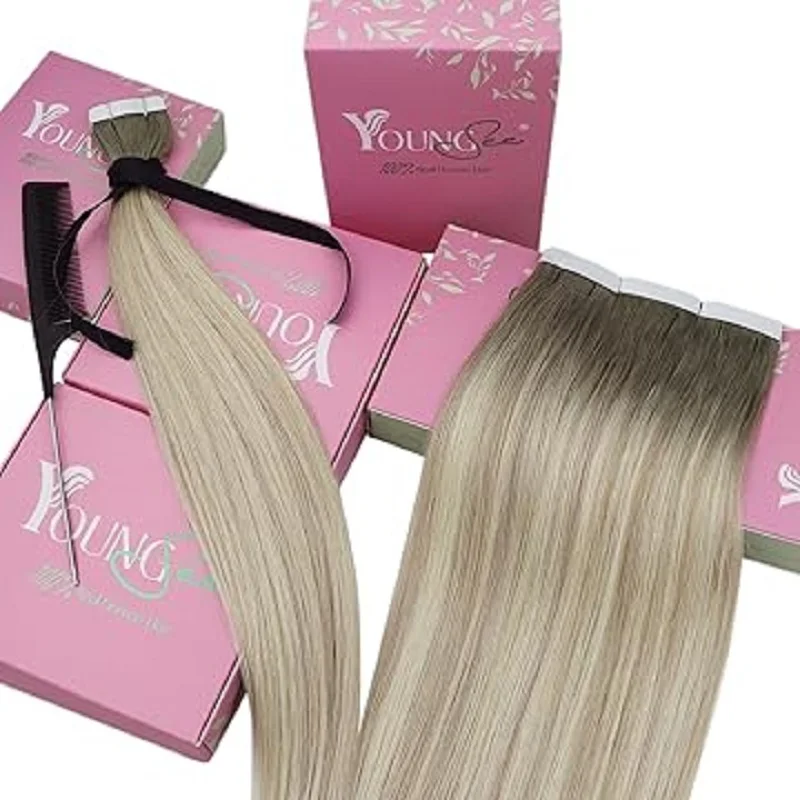 YoungSee Glue Tape In Hair Extensions Human Hair Natural Adhesive Tape on Hair Thick Natural Straight 100% Human Hair