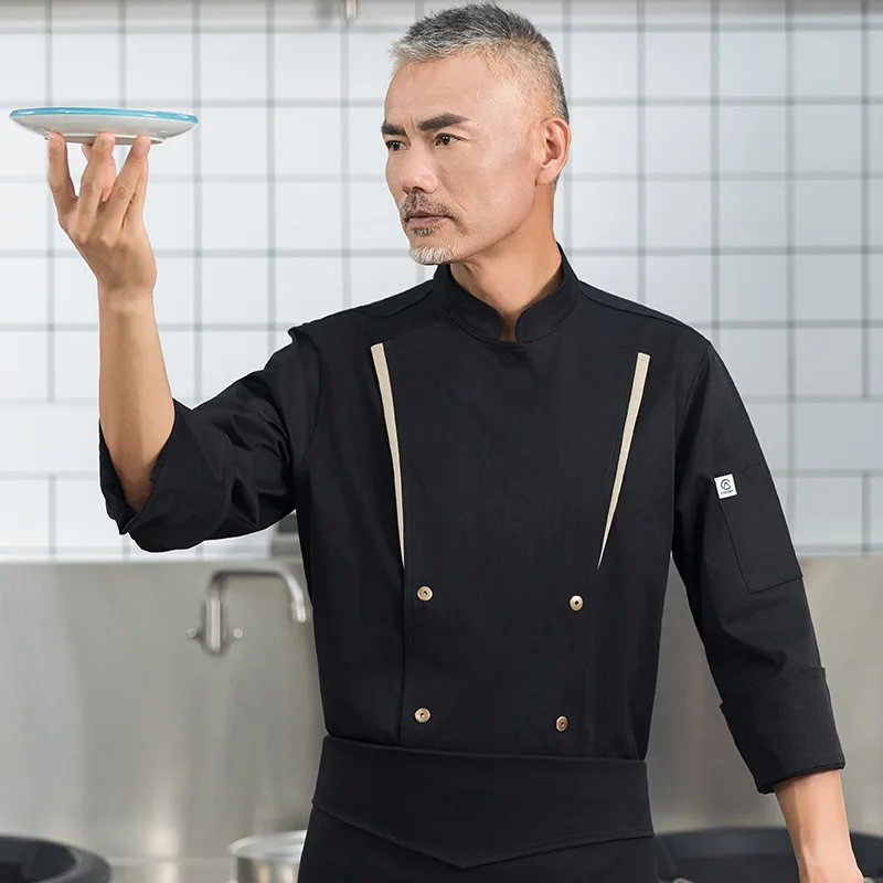 khaki-elastic-kitchen-autumn-top-cafeteria-chef-uniform-long-sleeved-busan-bbq-workwear-with-printed-and-embroidered-text