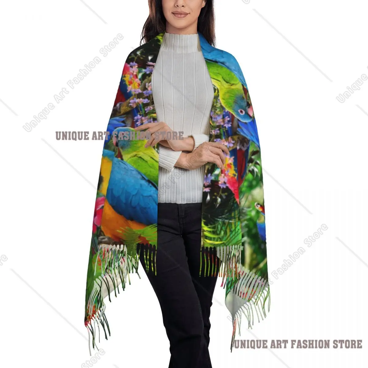 Stampa personalizzata Simpatici pappagalli tropicali Uccelli Sciarpa Uomo Donna Inverno Autunno Sciarpe calde Cockatiel Ara Parrotlet Scialli Avvolge