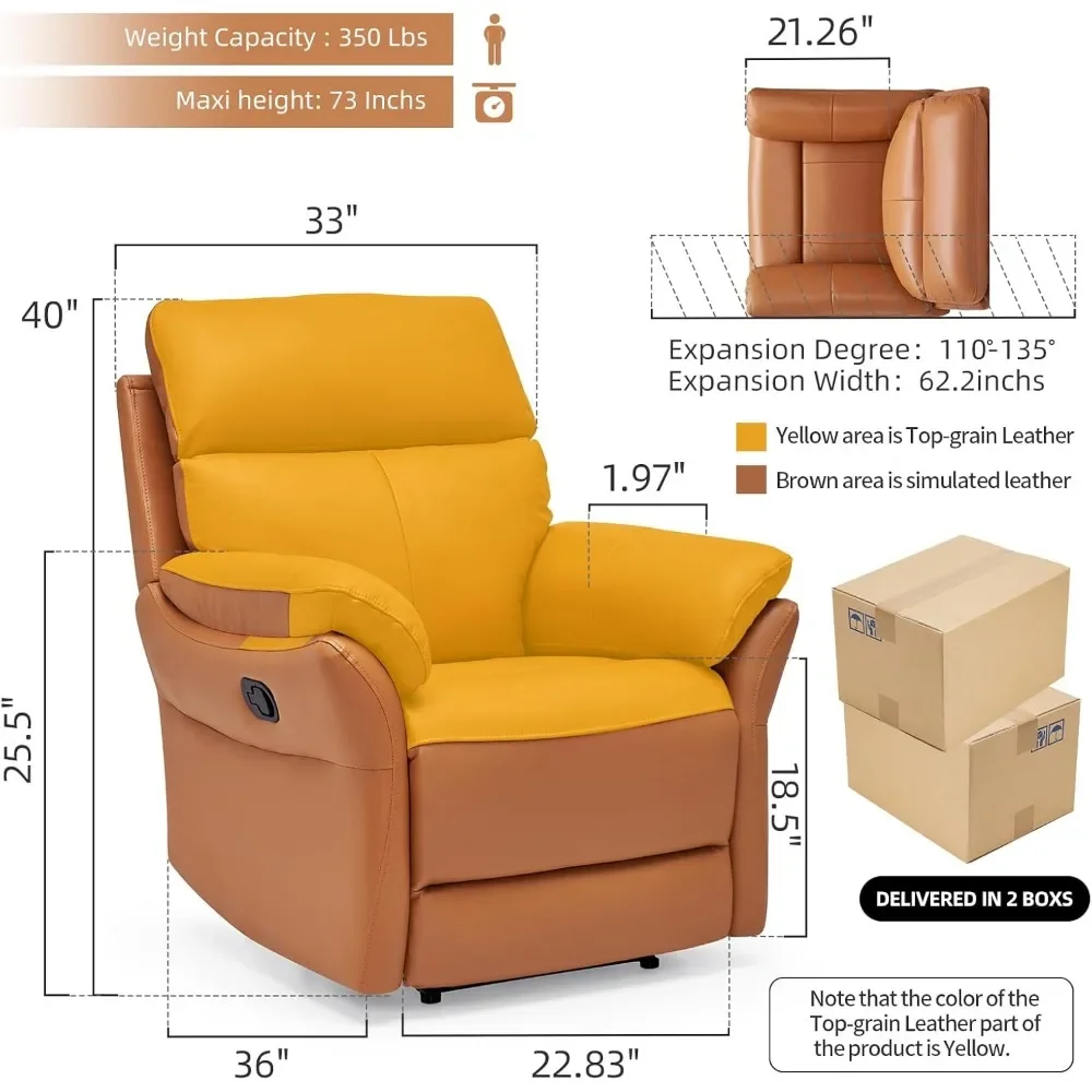 Genuine Leather Chair Living Room Chair with Lumbar Support, High Back Theater Seating Single Reclining Sofa, Living Room Chairs