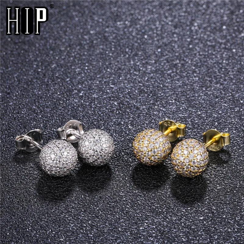 Hip Hop 1Pair Iced Out Bling Cubic Zircon Ball Stud Earring For Men Women Jewelry Rock Micro Full Paved CZ Copper Earrings