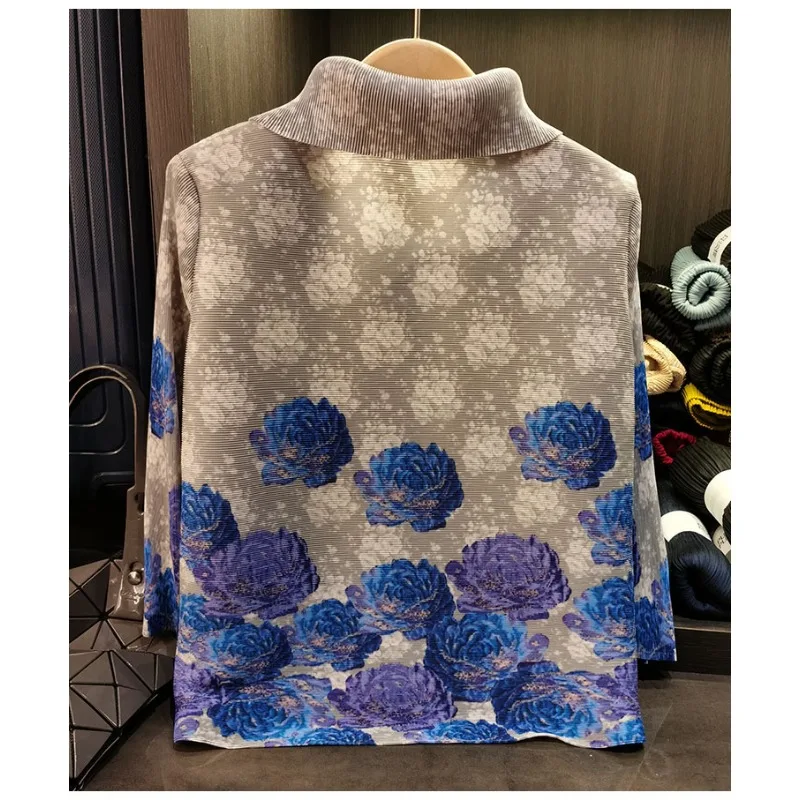 Miyake จีบเสื้อแฟชั่นการพิมพ์ปกเสื้อสเวตเตอร์ถัก 2025 ฤดูใบไม้ผลิใหม่แฟชั่นหลวมขนาดใหญ่สุภาพสตรีแจ็คเก็ตเสื้อผ้า