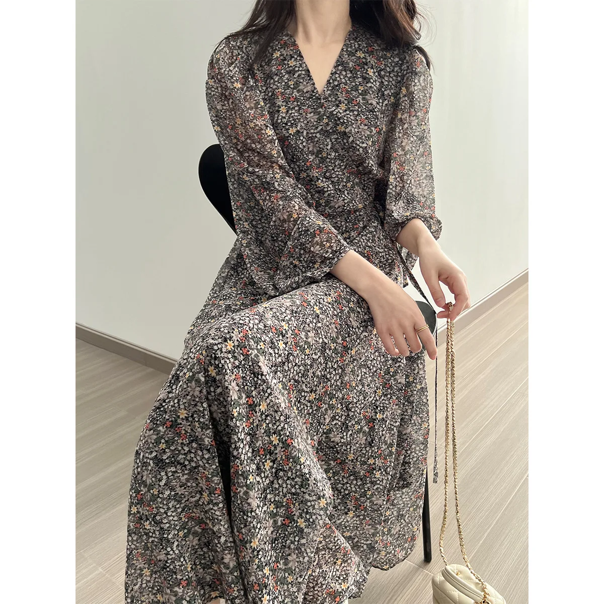 2024 New Women Floral Print Chiffon Long Dress V-Neck Puff Sleeve High Waist Women Summer Dress Vestidos Clothes For Women