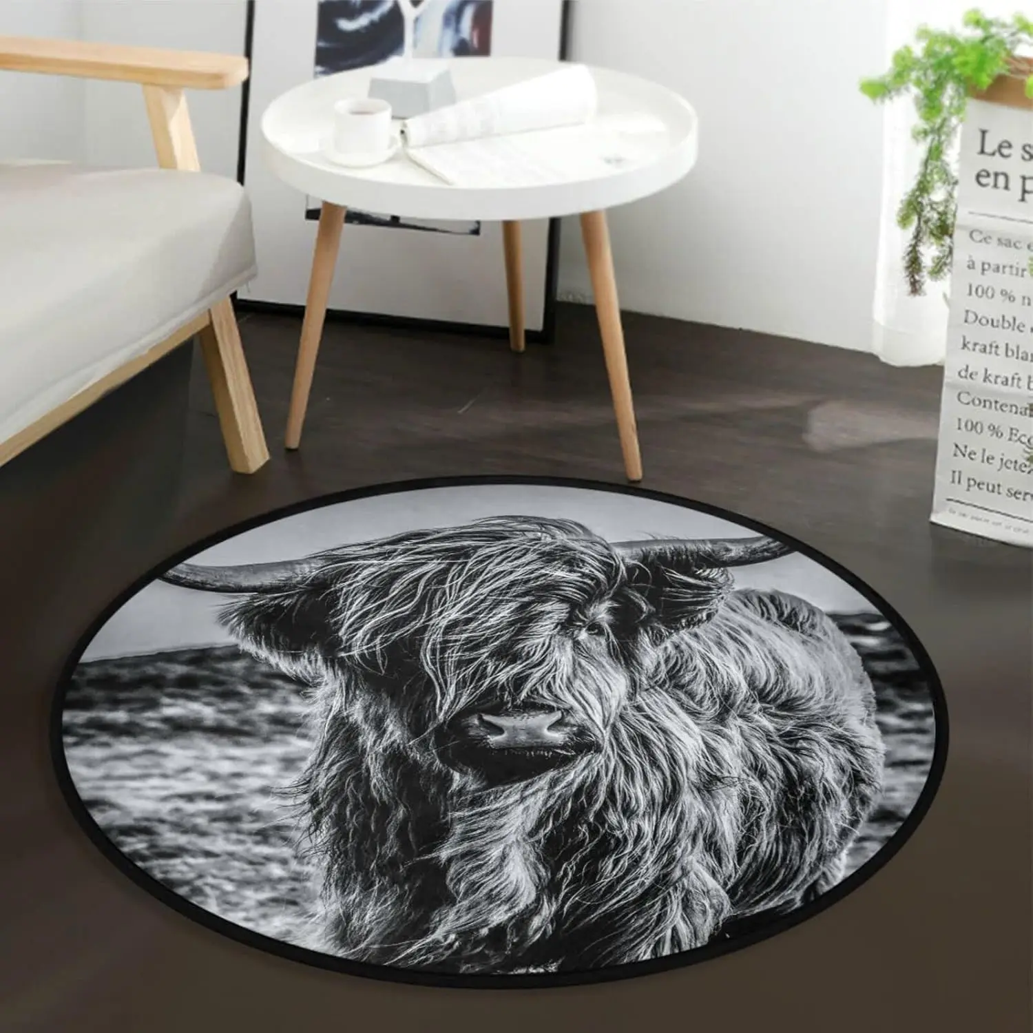 Highland Cow Portrait Round Rug Black and White Photorealistic for Modern Farmhouse