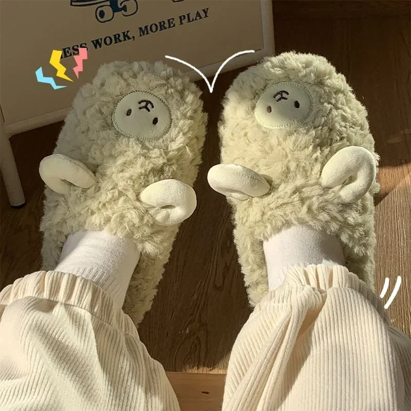 2024 Cotton Slippers Lovers Cute Cartoon Girl Heart Sheep Drag Winter Indoor Home Soft Bottom Plush Cotton Drag