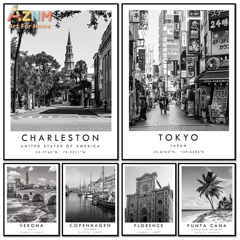 AZNM Black White City Travel Canvas Wall Art Tokyo Florence Charleston Scenery Photography Coordinates Minimalist Home Decor Pos