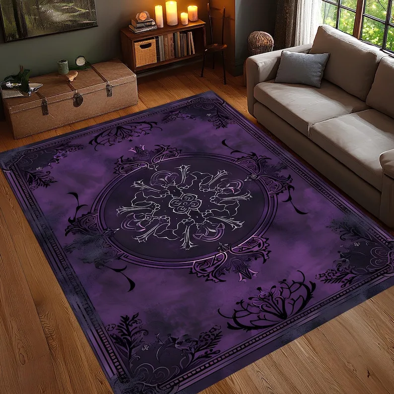 Purple Gothic Rug, Dark Elegant Baroque Carpet, Ornate Medieval Mandala Pattern, Vintage Inspired Living Room Decor