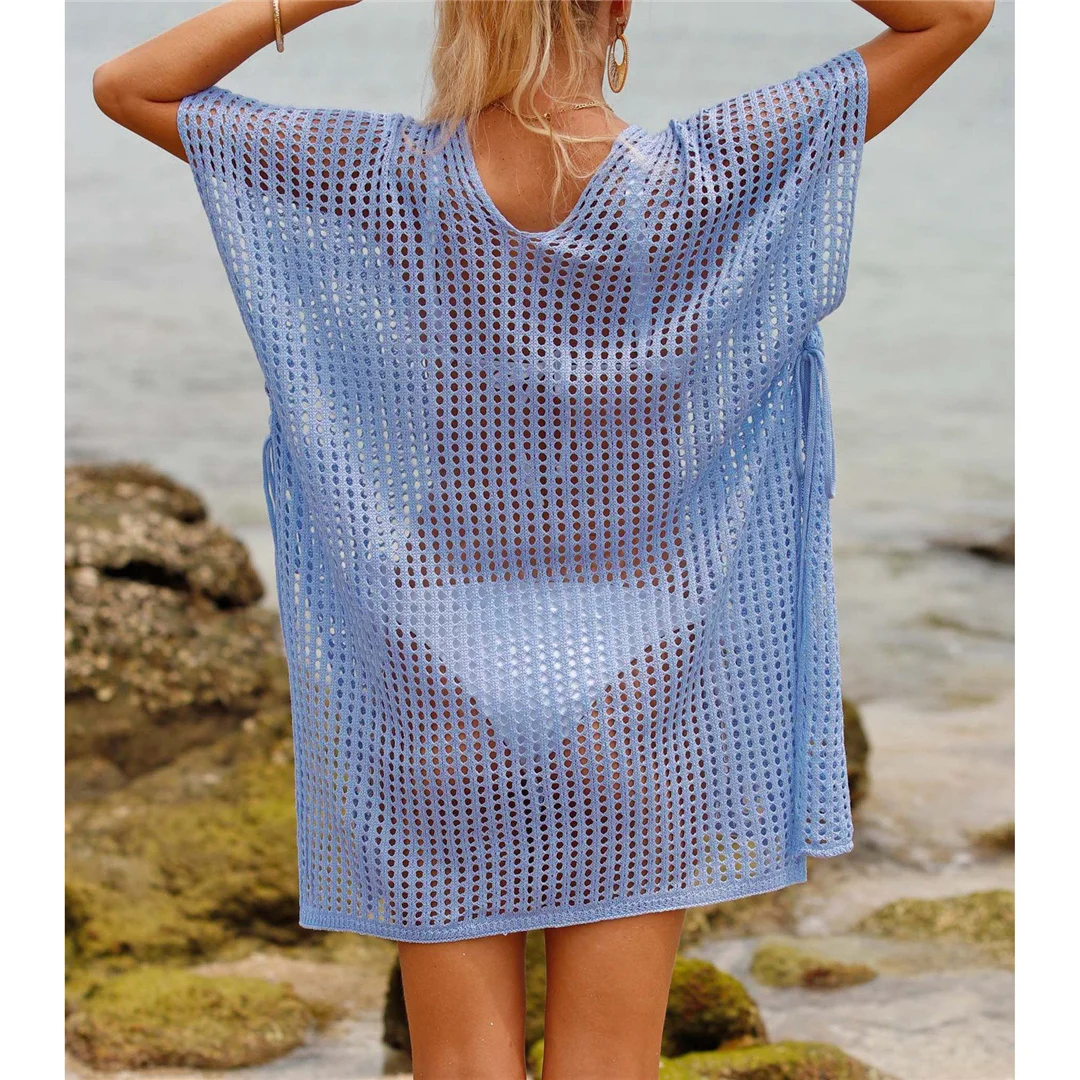 Kurzarm-Tunika mit V-Ausschnitt und Aushöhlungen, gehäkelt, Strickkleid, Strandkleid, Strandmode, Strandbekleidung, Strand-Cover-up, Damen, V8061 – Detail 23