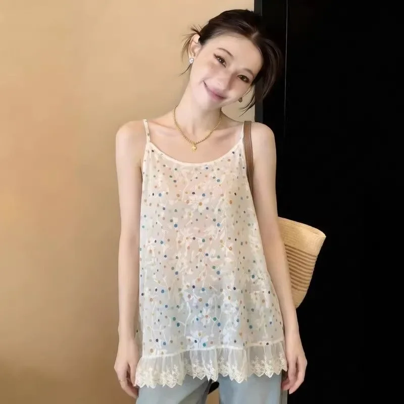 Floral Polka Dot Lace Trim Cami Top For Women Summer Casual Sweet Style Beachwear