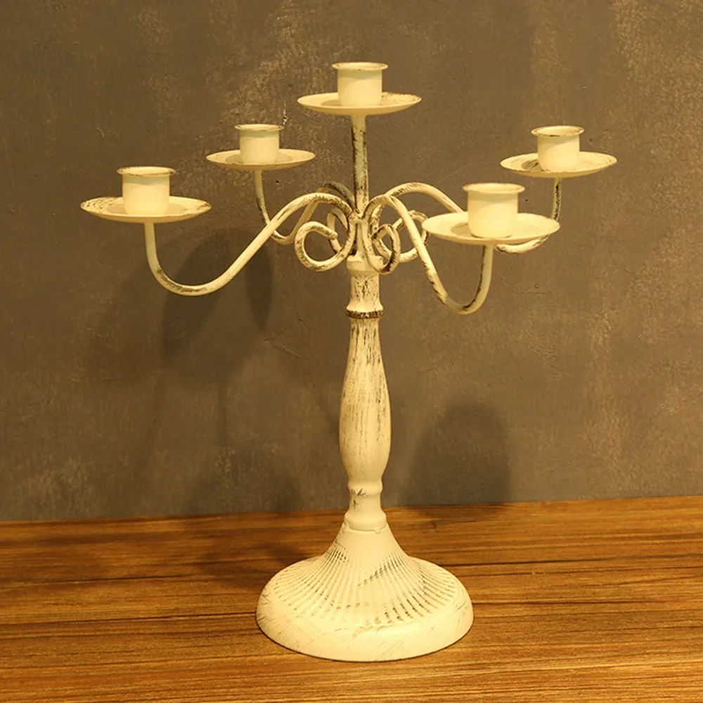 5 Arms Metal Candelabra Cast Iron White Candlestick Holder Round Stable Base Decorative Candle Stand Dining Table