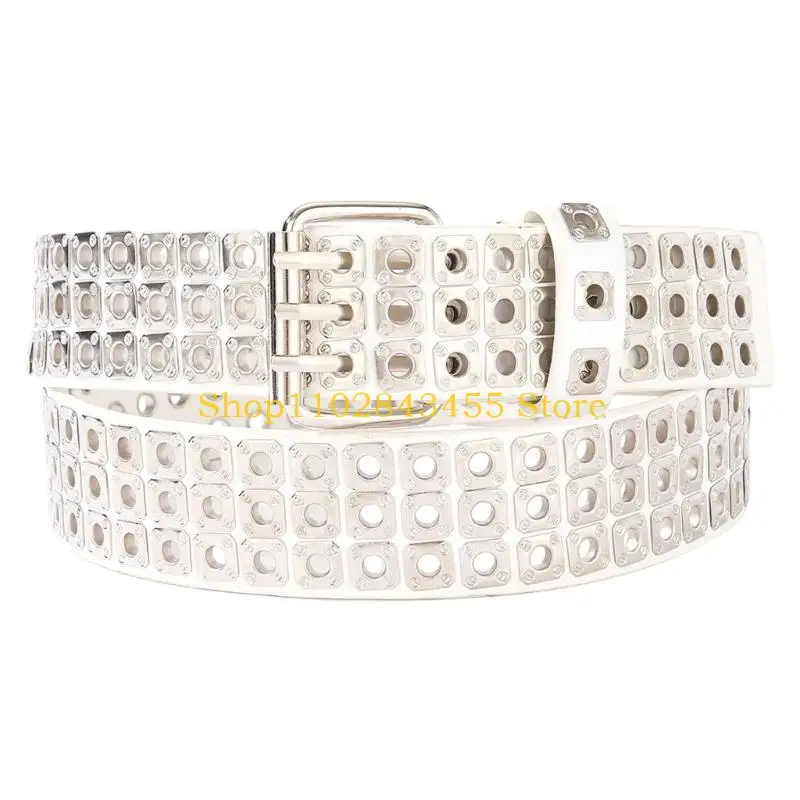49MC Grommet Belt for Jeans and Skirts, Unisex PU Leather-Look Studded Waist Belt with Metal Closure and Loop