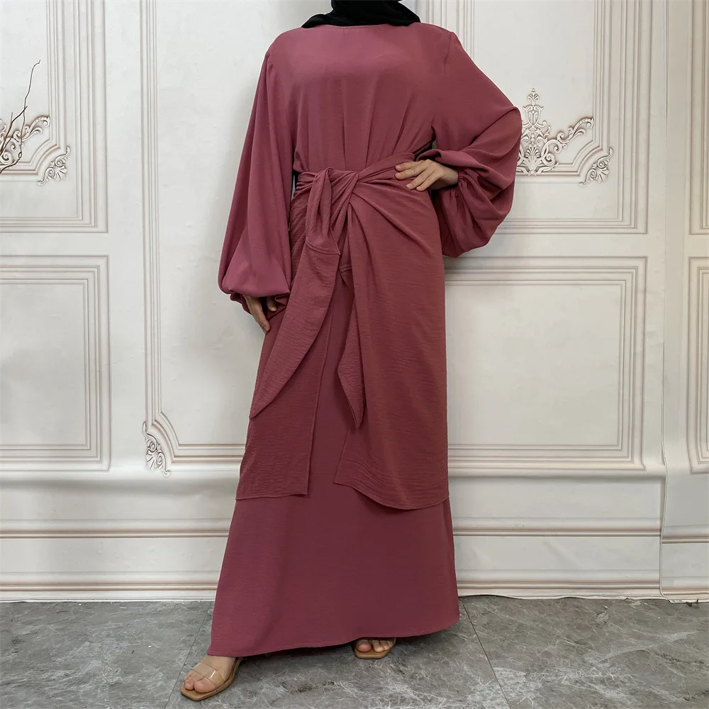 

Ramadan 2 Piece Abaya Set Dress with Wrap Front Skirt Arabic Long Hijab Dresses for Muslim Women Dubai Islamic Clothing Vestidos