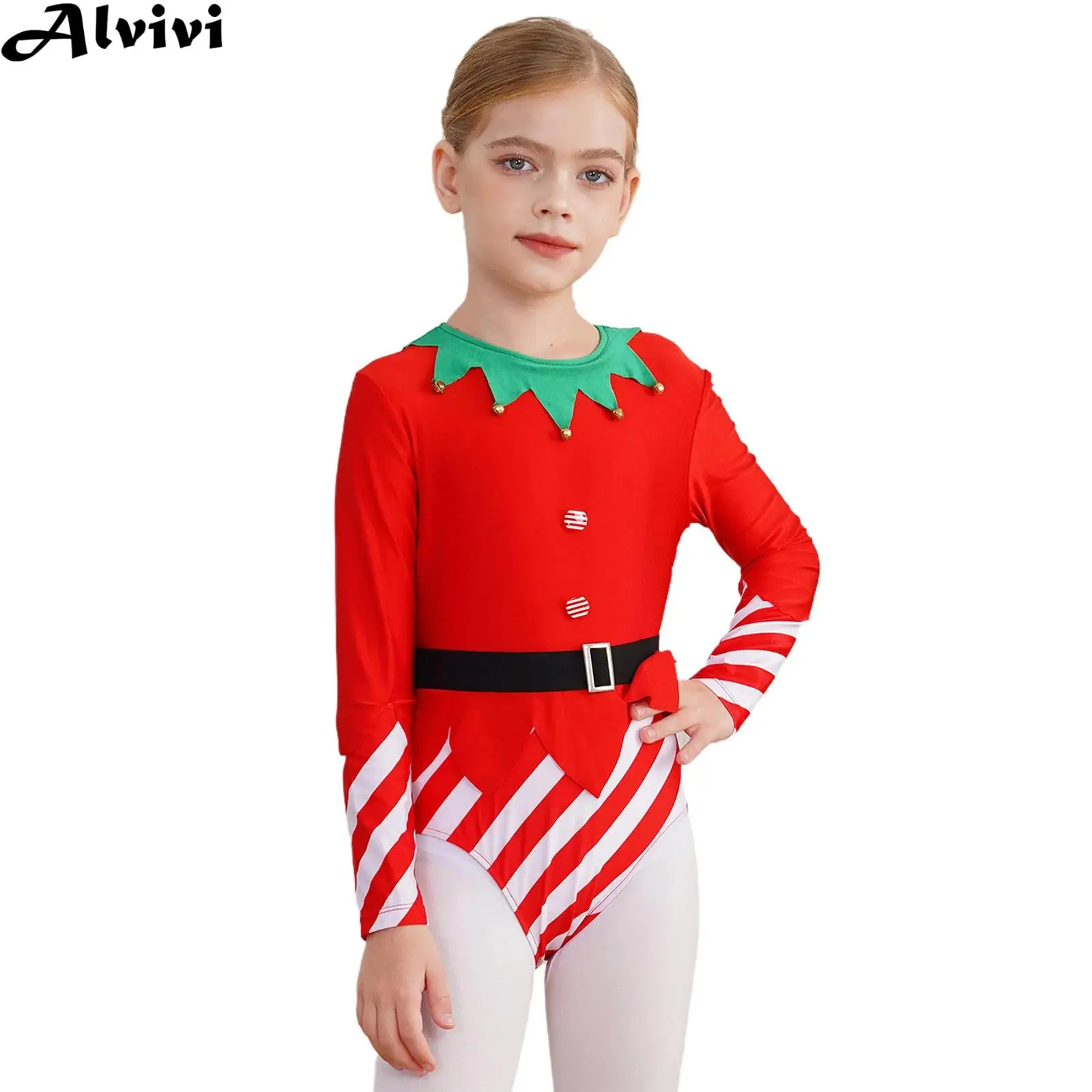 Kids Girls Christmas Ballet Dance Gymnastics Skating Bodysuit Long Sleeve Stripes Leotard Xmas Halloween Party Dress Up Costume