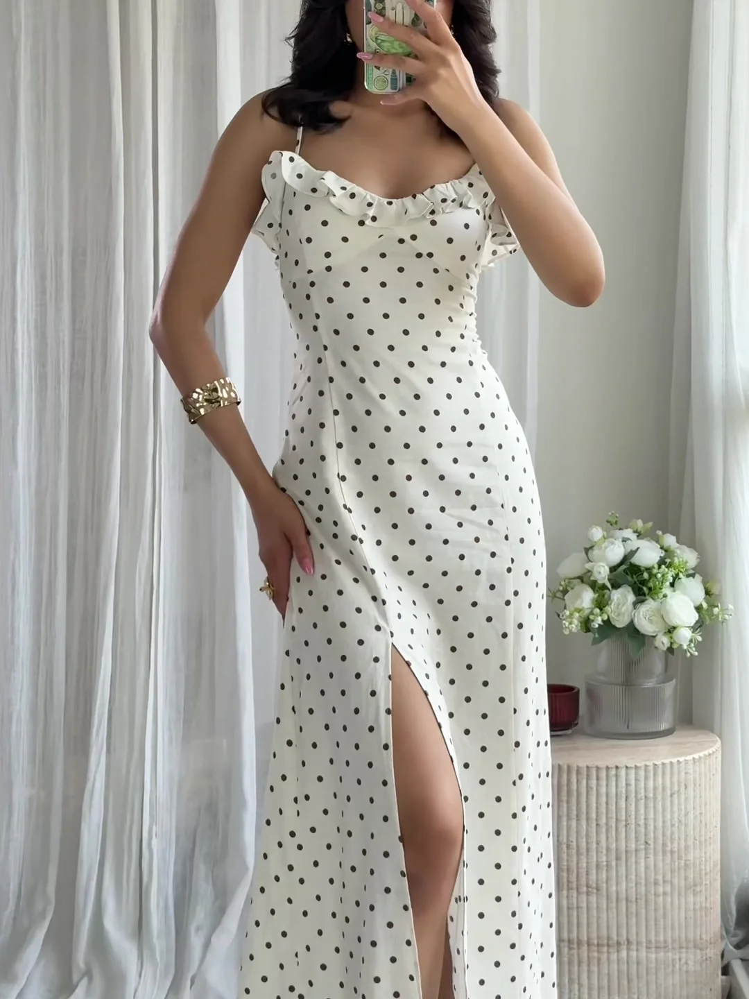 

Sweet romantic lady suspender dress polka dot print backless lace-up ruffled slit dress 2025 summer new fashion festival dress