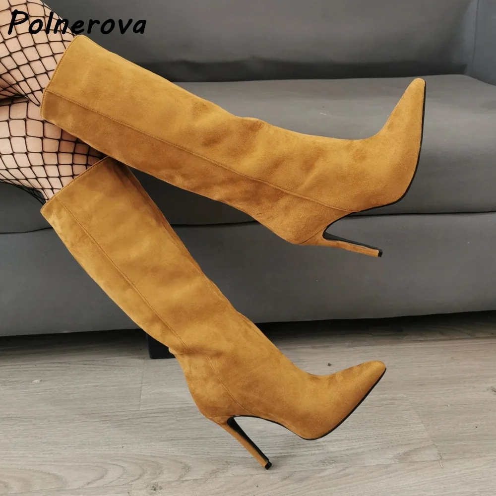 

Khaki Solid Knee High Boots Sewing Slip On Pointy Toe Thin Heels Pleated Sexy Boots Women's Winter Fashion Warm All Match Shoes