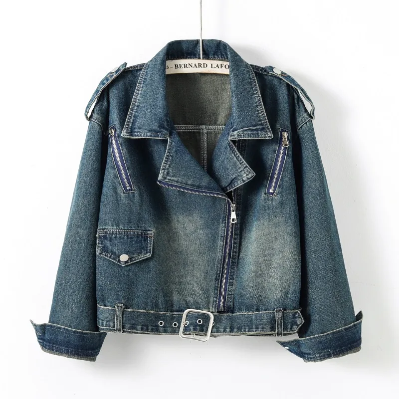 Y2K Vintage Cropped Denim coat Jacket for Women Turn‑down Collar With Buckle Waist Long Sleeve Streetwear Casual Jeans Outerwear