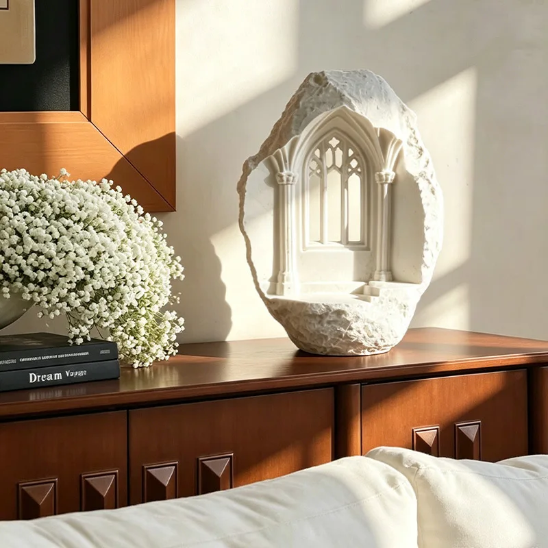 Gothic Stone Sculpture Decor Statue Retro Church Art Figurine Natural Marble Desktop Ornament Home Table Shelf Decoration