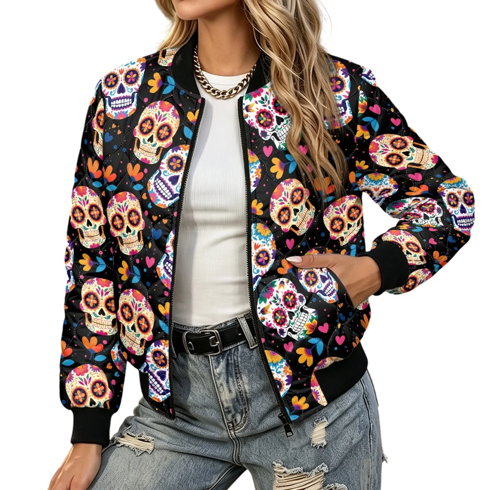 PENSTROLL Sugar Skull Womens Lightweight Zip up Padded Outerwear for Everyday Fashion Winter Coats for Daily Wear