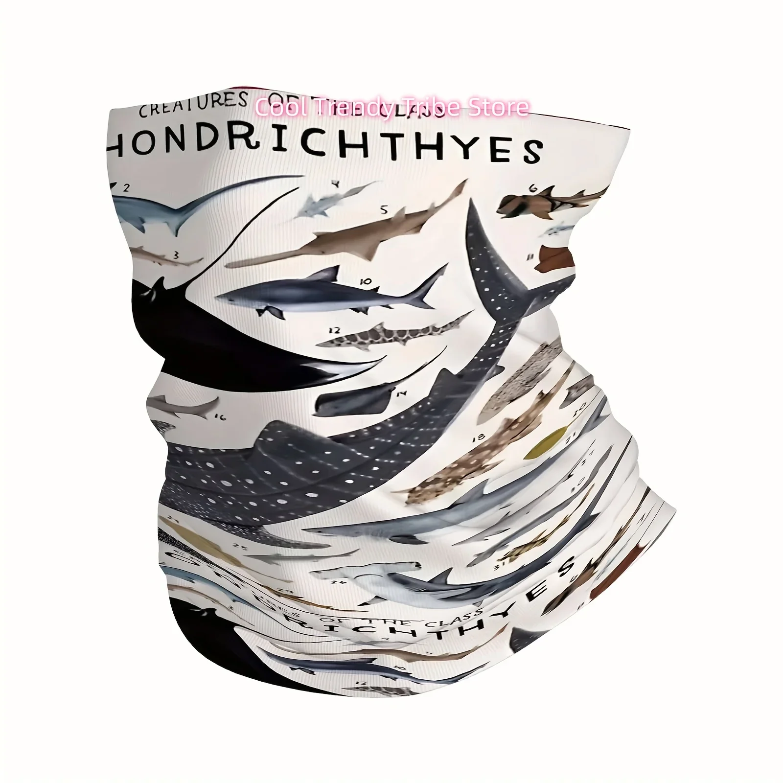 Marine Species, Chondrichthyes, Fish Illustration Print Scarf, Multi Functional Mask and Neck Mask, Suitable for Outdoor and Uni