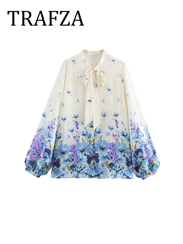 

TRAFZA Printed Blouse With Bow 2025 Spring Woman Loose Semi-sheer V Neck Long Sleeve Button Luxury Casual Chic Tops Clothes