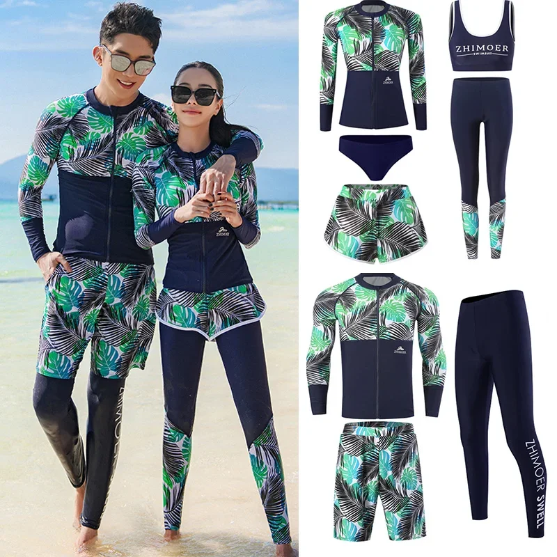 

2024 Long Sleeve Rash Guards Men 3Pcs Women 5 Pcs Print Swimsuit Zipper Swimwear Bathing Suits Surfing Pad Long Pant Couples