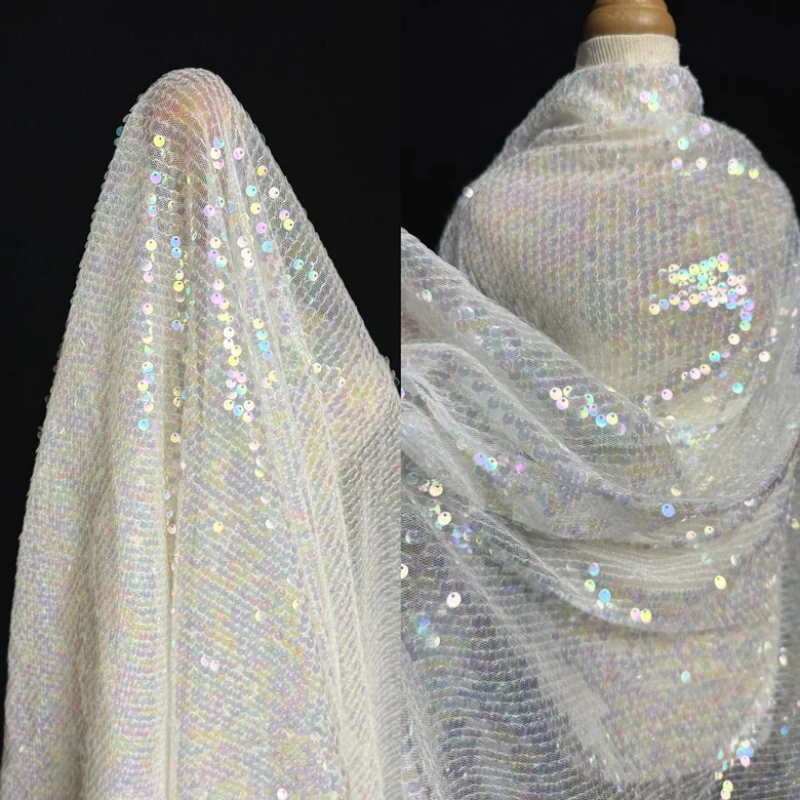 

5MM Sequined Stretch Shiny Fabric, Net Transparent Gold Fabric Suitable for DIY Wedding Performance Dress Long Skirt