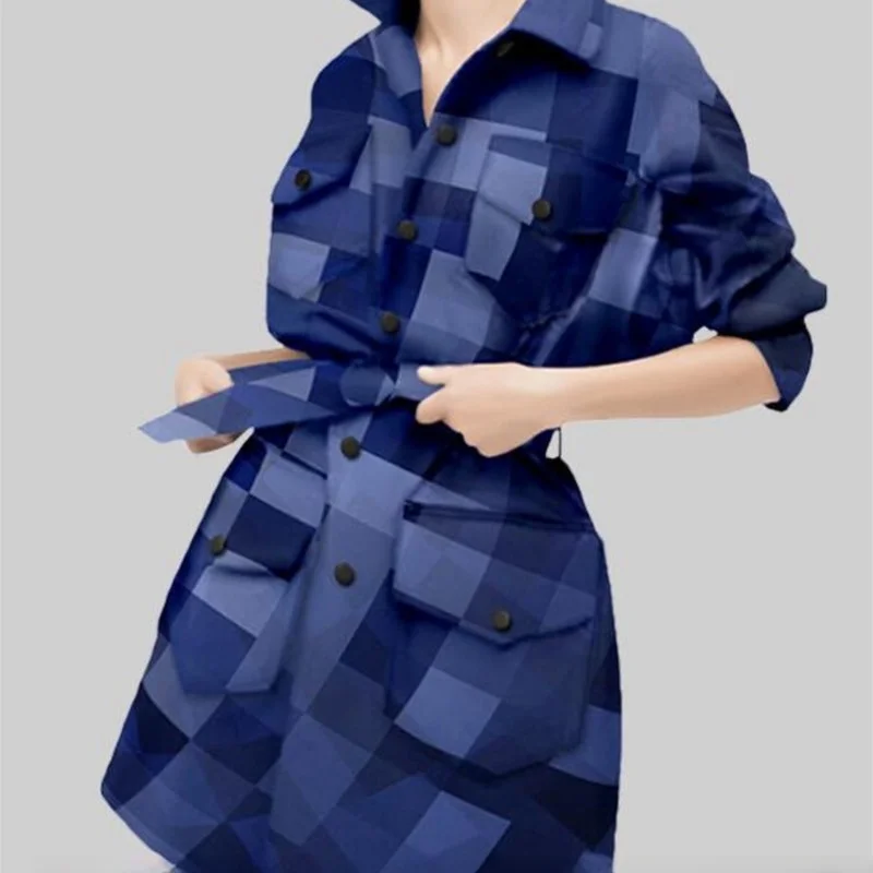 Fashion Blue Plaid Trench Coat Female New Style Clothing Lightly Mature Sense Top