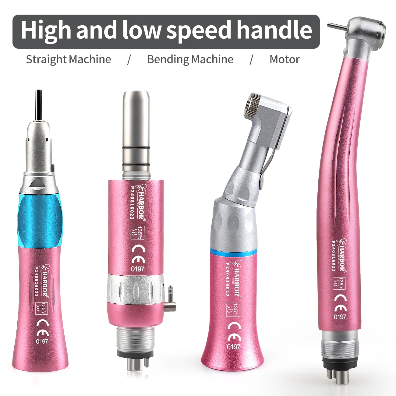 Dental High & Low Speed Handpiece Kit Straight Contra Angle Single Water Spary Air Turbine 4 Hole 2 Hole Pink Color