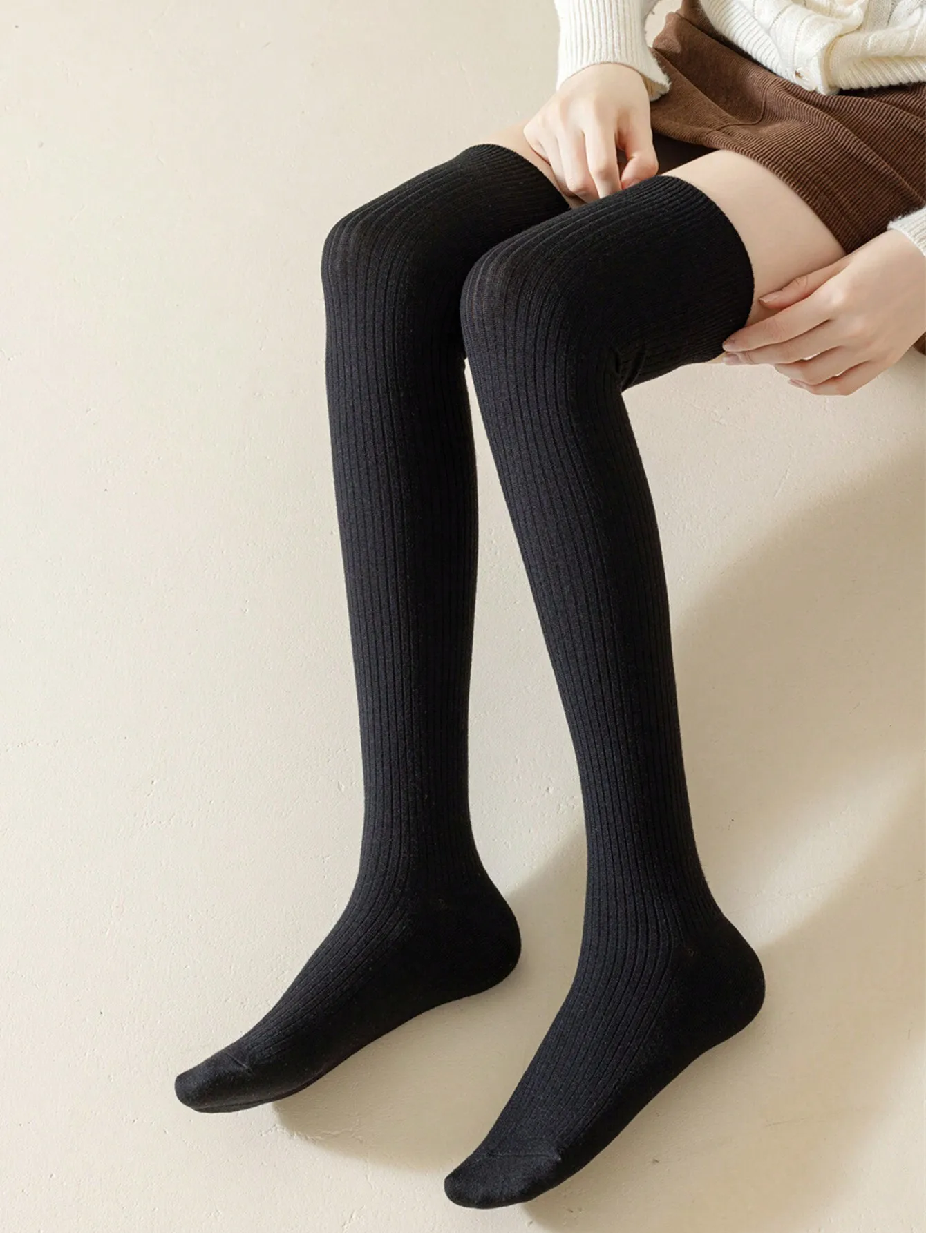 

Knee-High Ribbed Knit Socks for Women, Autumn Winter Warm Cozy College Style Solid Black Thigh High Stockings