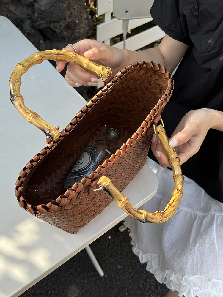 Summer Fashion Women\'s Straw Shoulder Bag Retro Rattan Female Bamboo Handle Basket Bags Hand Woven Beach Handbags Seaside Tote