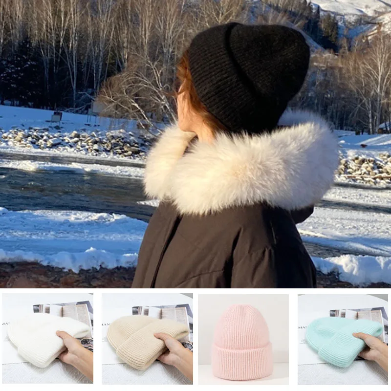 Winter Autumn Angola Rabbit Fur Knitted Beanies Women Fashion Solid Warm Cashmere Wool Skullies Cap Female Three Fold Thick Hats