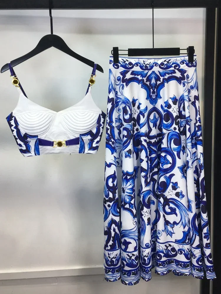 Conjunto feminino de duas peças de porcelana, azul e branco, alça de espaguete, copo acolchoado, estampa de zíper, top curto, saia longa, férias de verão