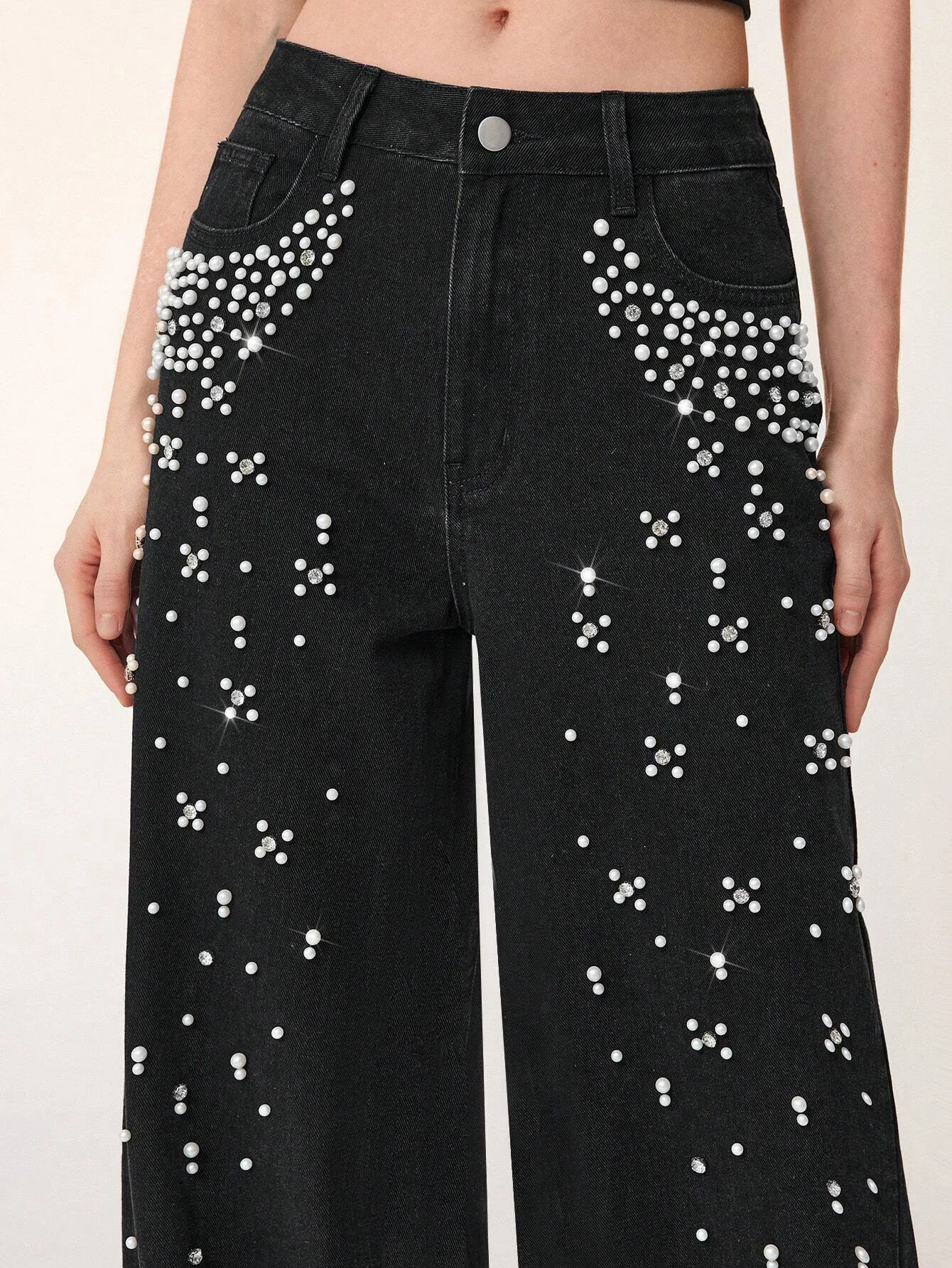 Loose Casual Denim Trousers For Women Autumn Fashion New Commuter High Waist Solid Color Beading Versatile Wide Leg Pants