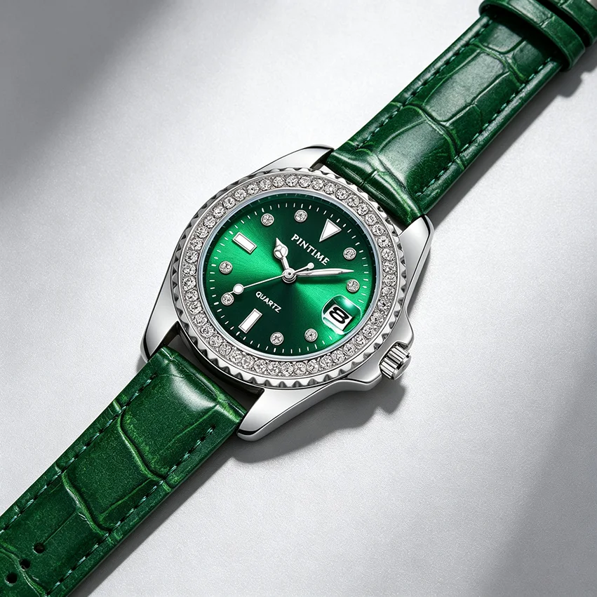 Ladies Luxury Diamond Branded Quartz Watch Fashion 2025 New Simple Green Leather Women's Dress Clock Watch for Female