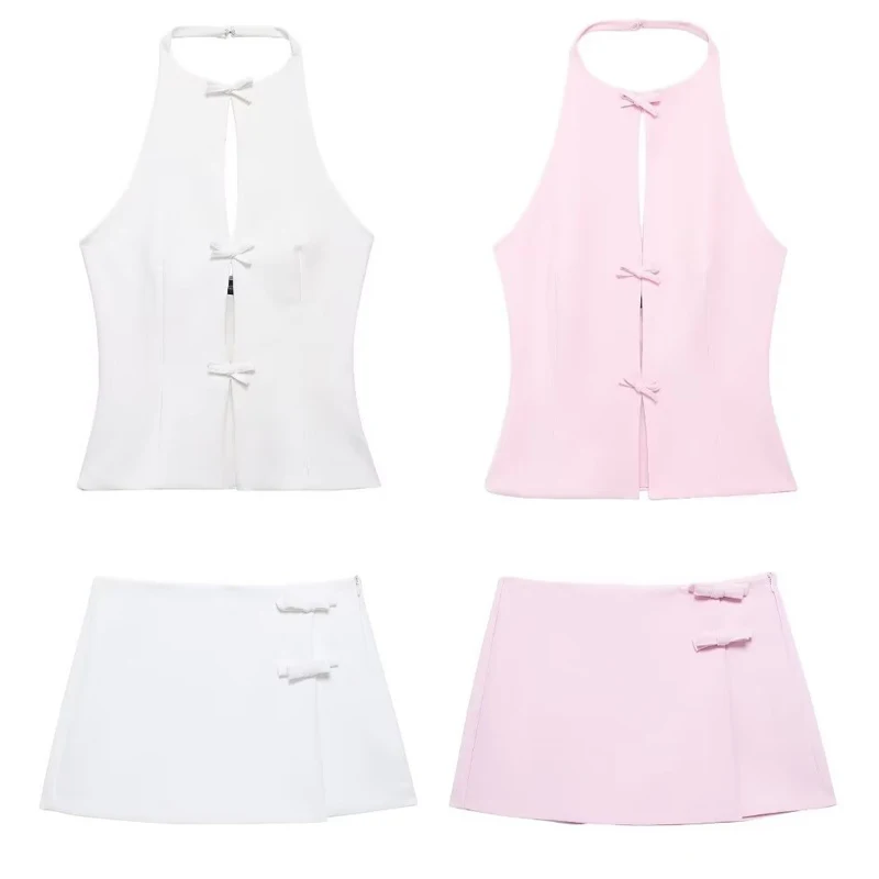 HXAO 2024 Women Fashion Bow Solid Halter Tops Women Hollow Out Sleeveless Backless Tank Top Summer 2024 Elegant Vest Office Lady