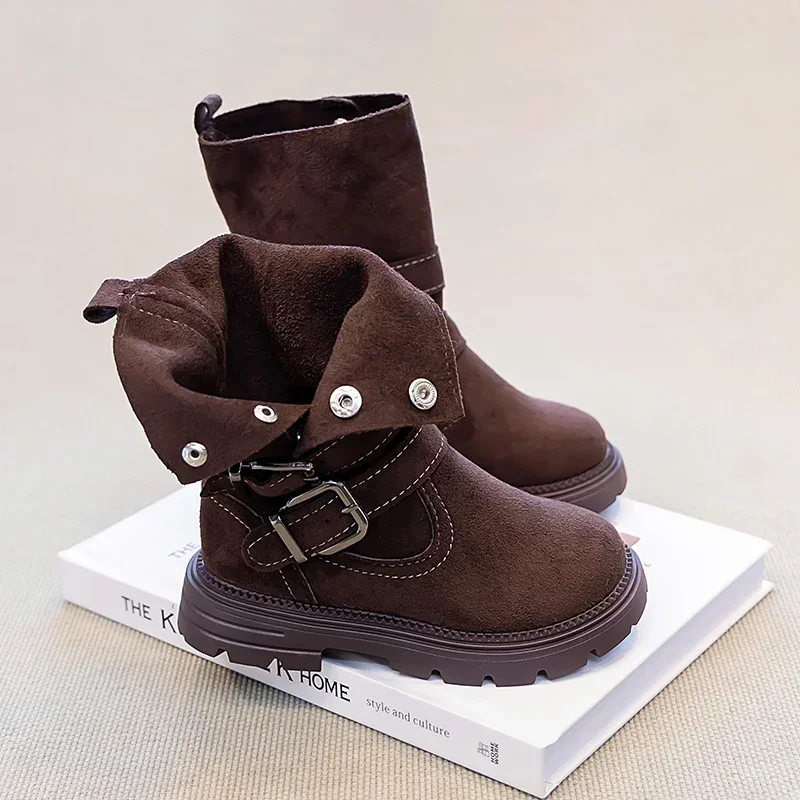2026 Fall New Style Girls' Retro Western Denim Mid-calf Boots Double Row Button Anti-slip Cowboy Boots Outdoor Style Long Boots