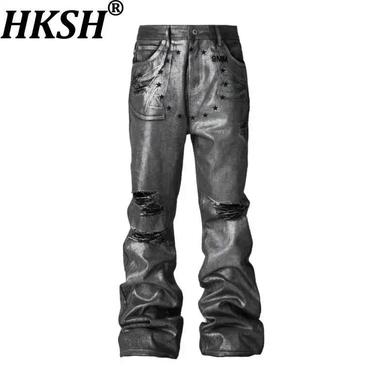 HKSH Autumn New Men Dark Punk Tide Embroidery Handmade Brushed Coated Denim Pants Distressed Frayed Flared Stacked Jeans HK17721