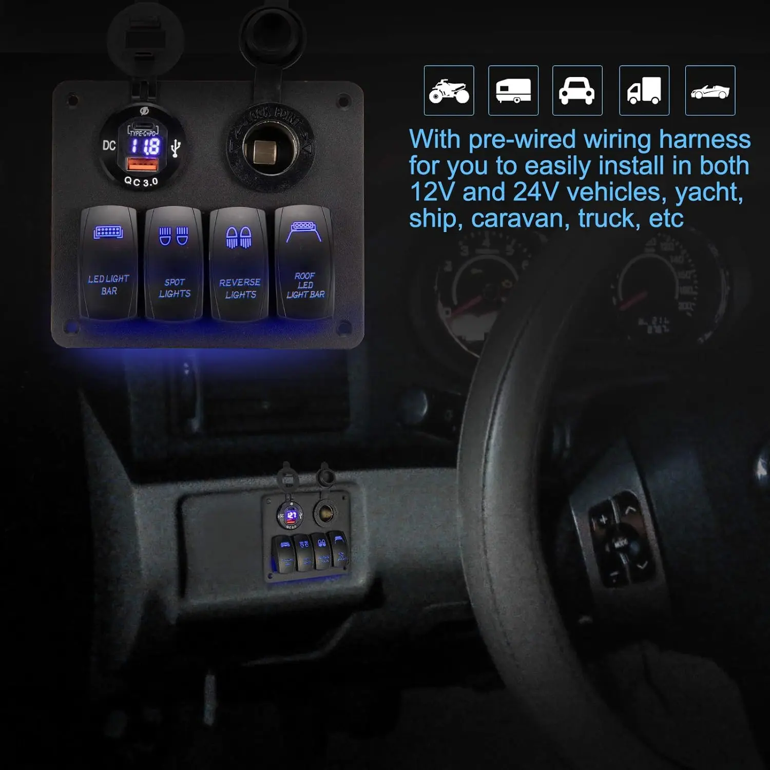 Popular Blue 6 Gang Automotive Marine Rocker Switch Panel Waterproof Dual USB Charger Voltmeter Cigarette Lighter Power Socket