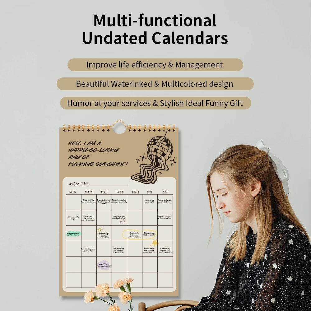 Perpetual Wall Calendar Undated Monthly Planner Funny Quotes Organizer Spiral Hanging Calendar Reusable Planning Board view 4