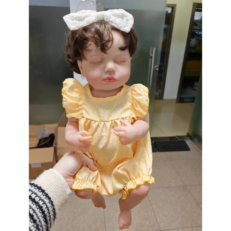 

48cm Cute Reborn Baby Doll Girl Loulou Hand-Rooted Brown Hair Doll with Yellow Floral Jumpsuit