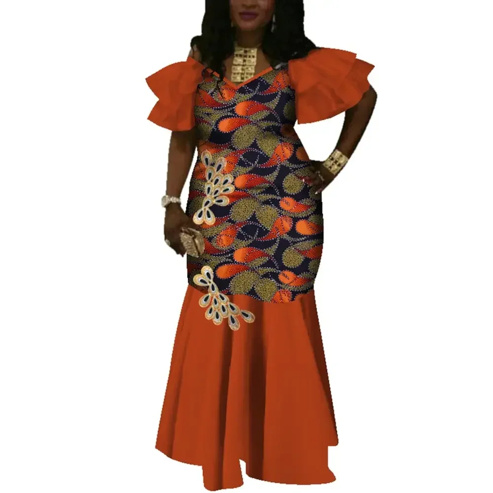 

BRW African Dresses for Women Short Sleeve V Neck Party Dress African Print Mermaid Women Lady Clothing Customize WY3705