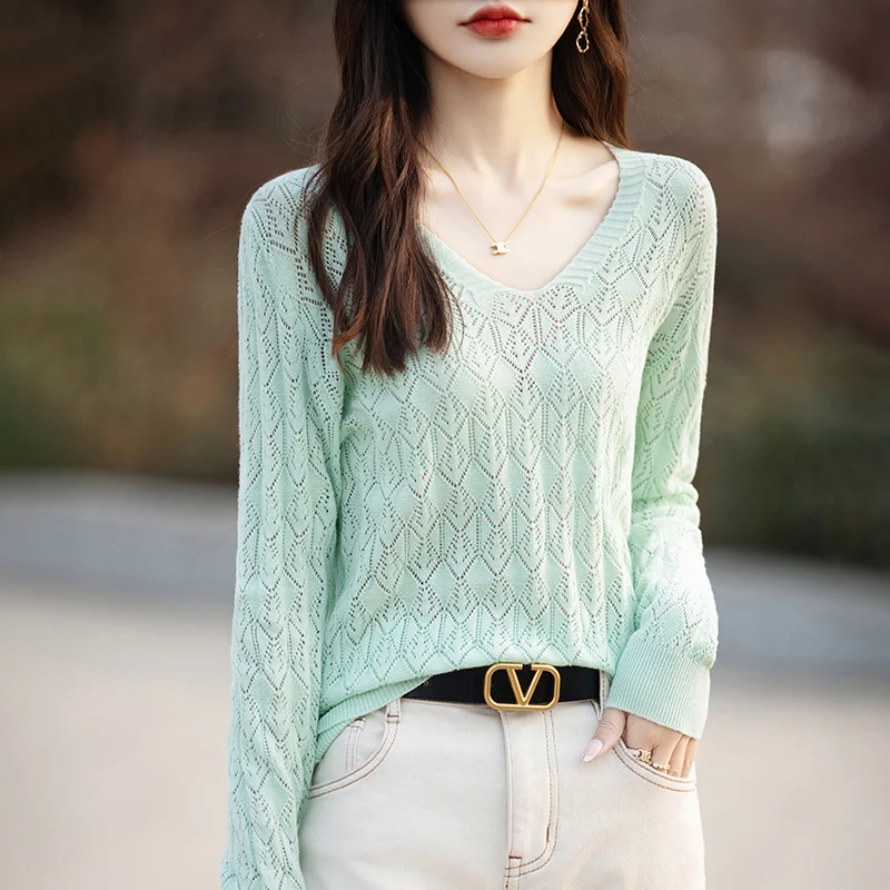 

Spring Summer Woman's Tops Casual T-Shirt Sexy Hollow Female Pullover Long Sleeve V-Neck Tees 100% Cotton Knitted Tops Thin Tees